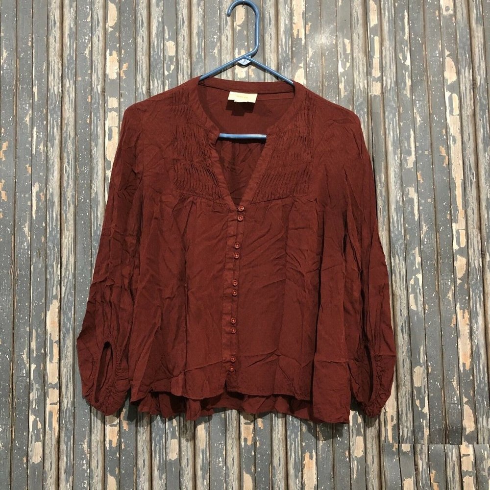 Anthropologie Maeve Rust Pleated Button Front Long Sleeve Peasant Shirt Top 6